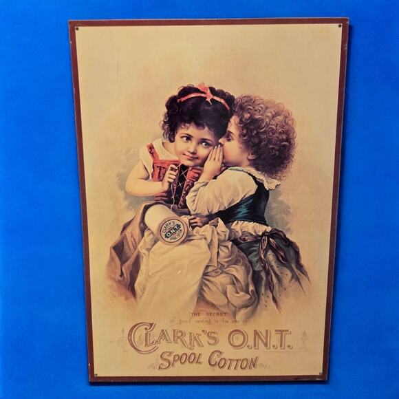 Clark's Spool Cotton Litho Advertising Victorian Children Vintage Tin Metal Sign - Picture 3 of 9